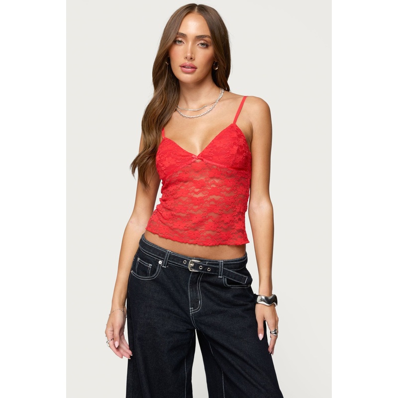 Eira Sheer Lace Tank Top RED XS