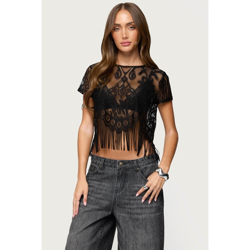 Kira Sheer Lace Fringe Top BLACK XS