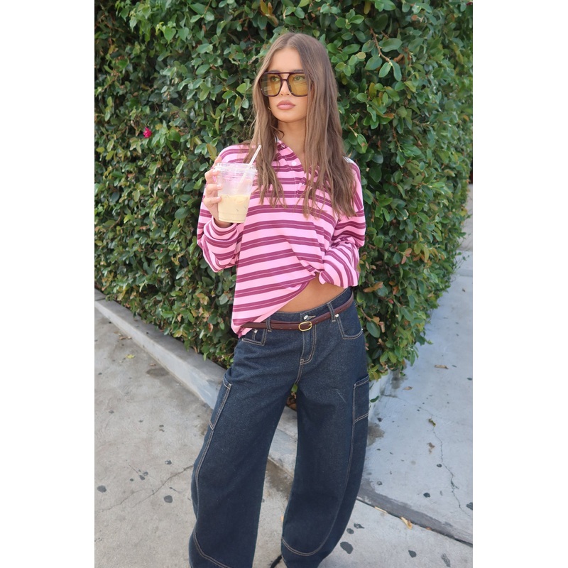 Maureen Striped Polo Sweatshirt PINK XS