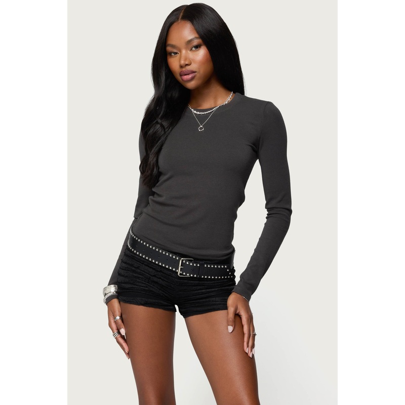 Daphne Ribbed Long Sleeve T Shirt DARK-GRAY XS