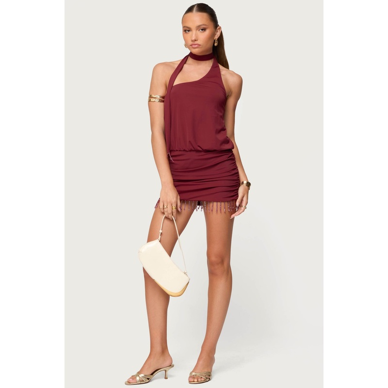 Danit One Shoulder Fringed Mini Dress BURGUNDY XS