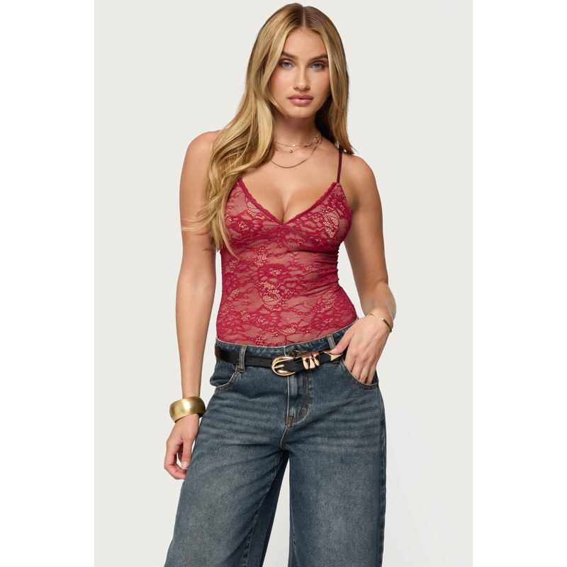 Nolyn Sheer Lace V Neck Bodysuit BURGUNDY XS