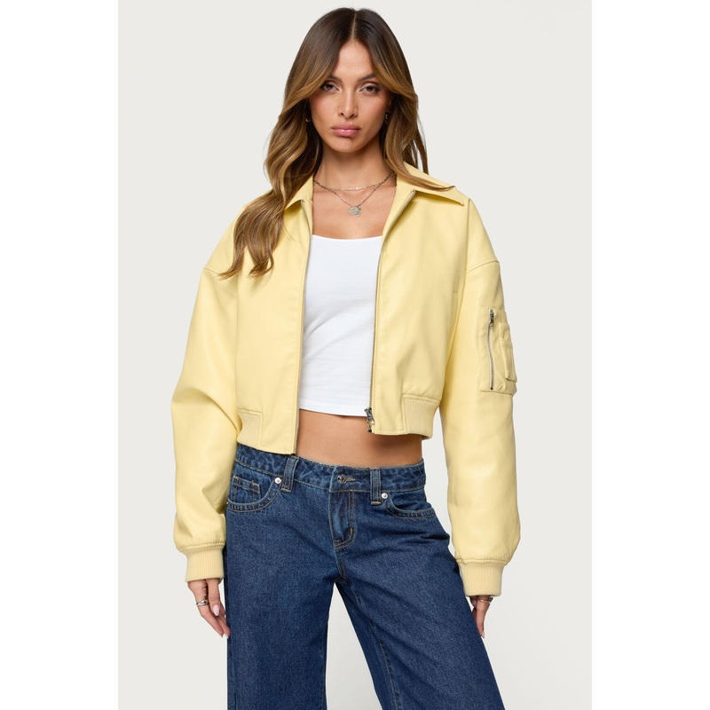 Zayna Cropped Faux Leather Bomber Jacket YELLOW XS