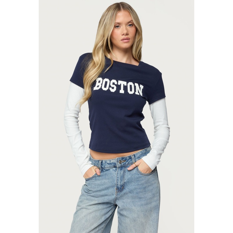 Boston Layered Long Sleeve T Shirt NAVY-AND-CREAM XS