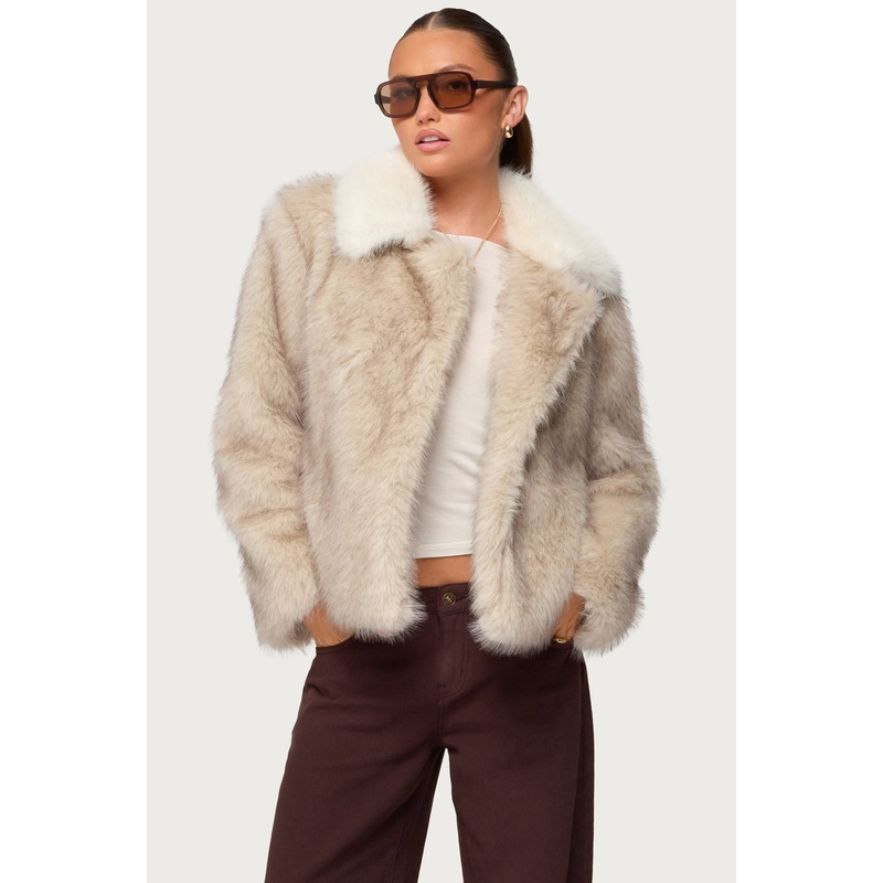 Contrast Collar Faux Fur Jacket TAN XS