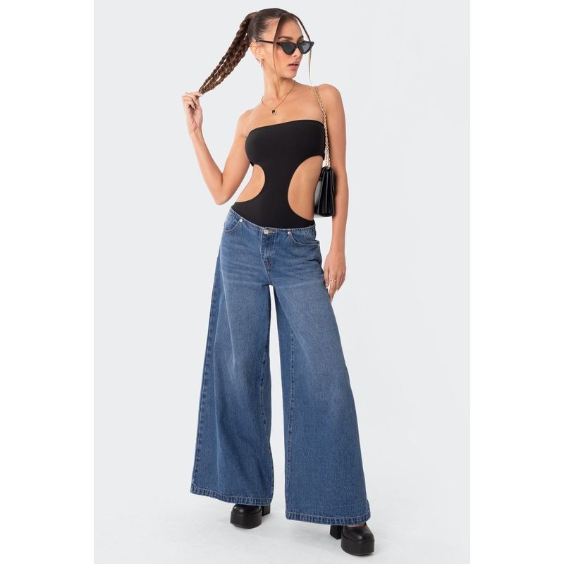 Vivie Ribbed Cut Out Bodysuit BLACK XS