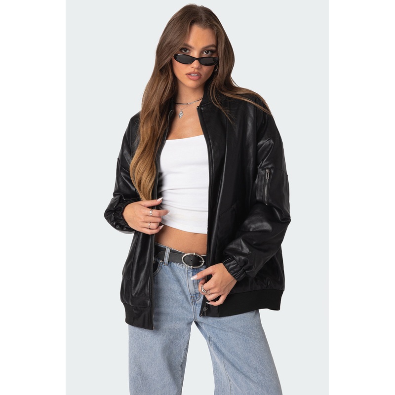 Faux Leather Oversized Bomber Jacket BLACK XS