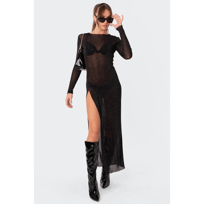 Glitter Mesh Slitted Maxi Dress BLACK XS