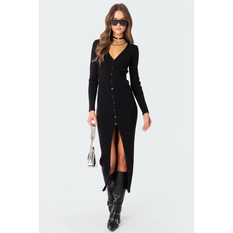 Jazlyn Knitted Button Up Maxi Dress BLACK XS