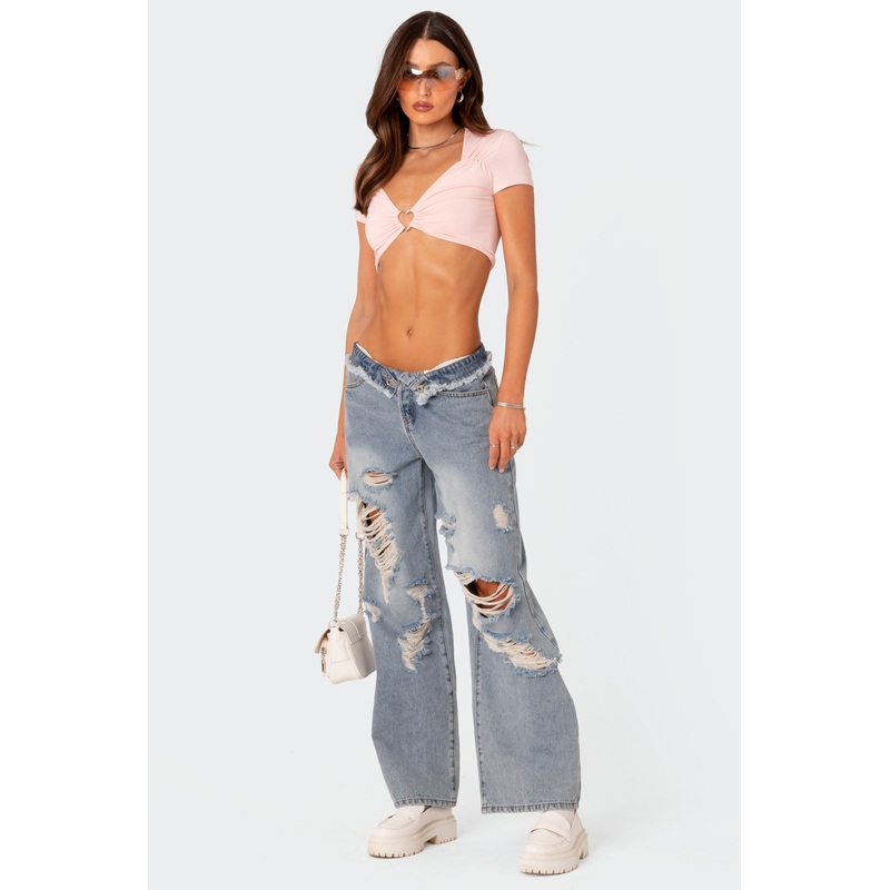 Distressed Fold Over Boyfriend Jeans LIGHT BLUE XS