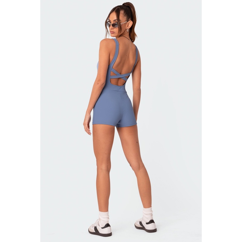 Drea Open Back Ribbed Romper BLUE XS