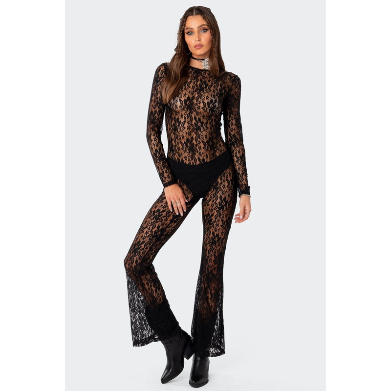 Let It B Sheer Lace Open Back Jumpsuit BLACK XS
