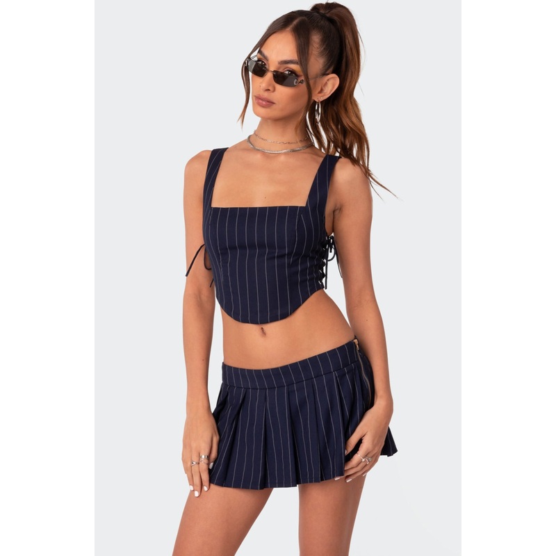 Pinstripe Side Lace Up Corset NAVY XS
