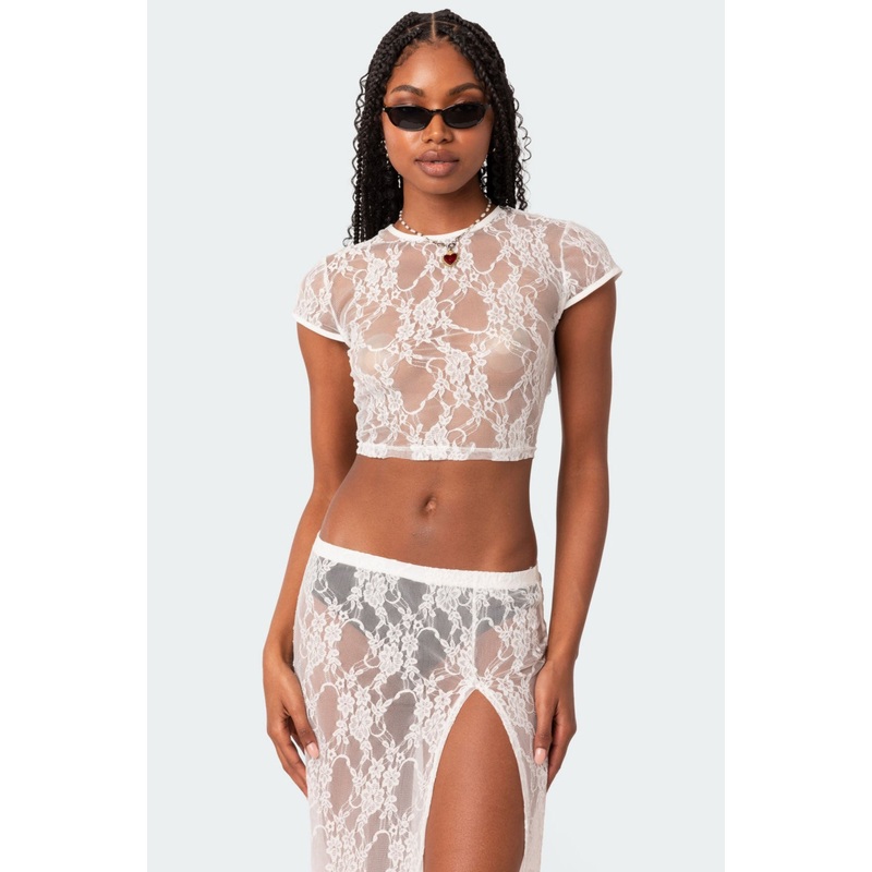 Aura Open Back Sheer Lace Crop Top WHITE XS
