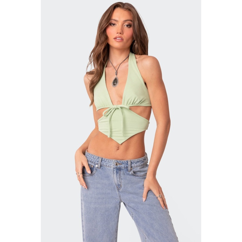 Cady Tie Front Cut Out Top GREEN XS