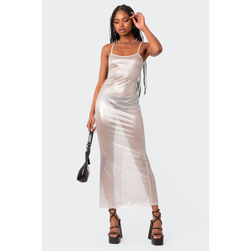 Nyla Sheer Glittery Back Slit Maxi Dress WHITE XS