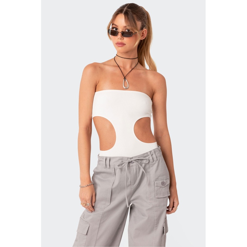 Vivie Ribbed Cut-Out Bodysuit WHITE XS