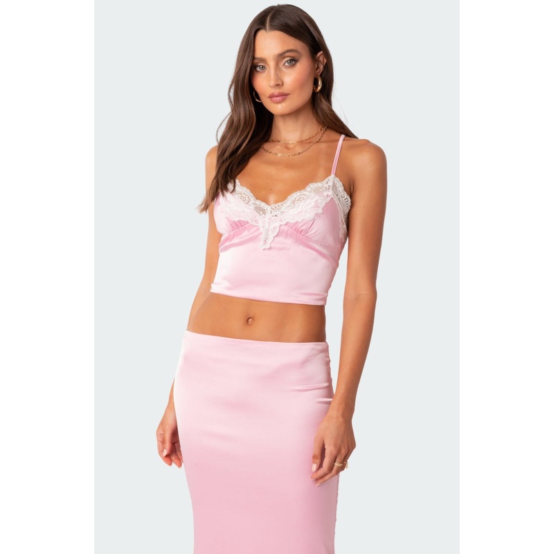 Brandi Lace Trim Satin Effect Tank Top PINK XS