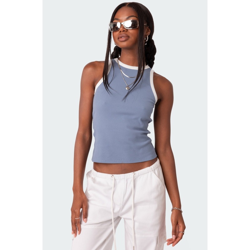 Contrast Ribbed Tank Top BLUE XS