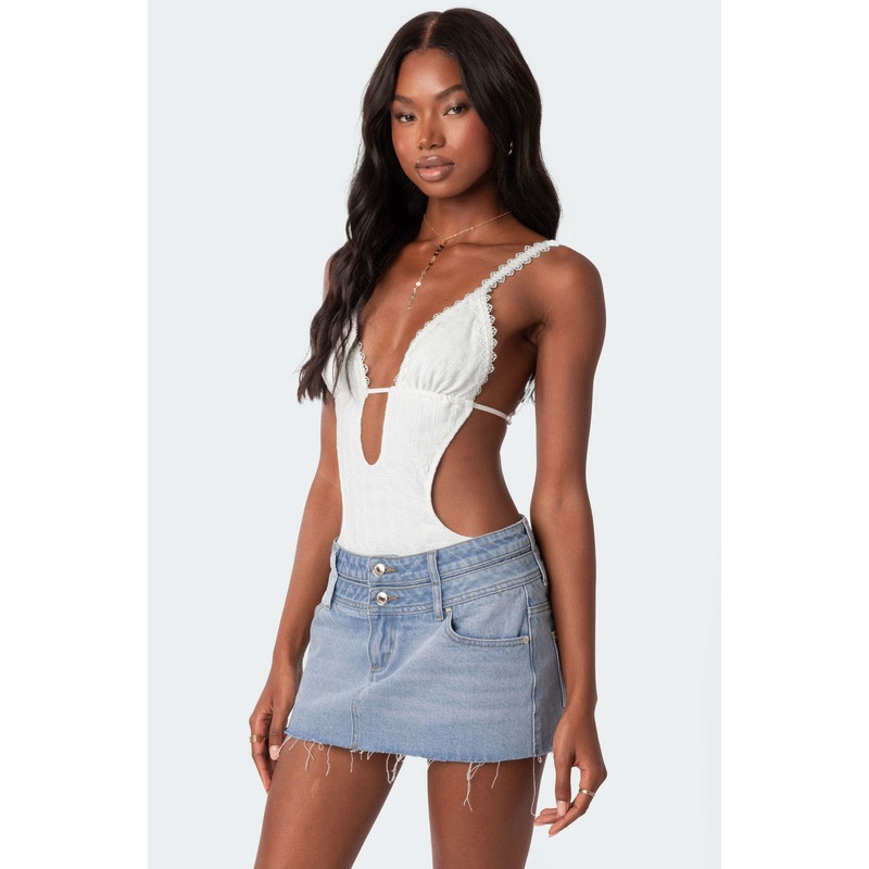 Textured Cut Out Bodysuit WHITE XS