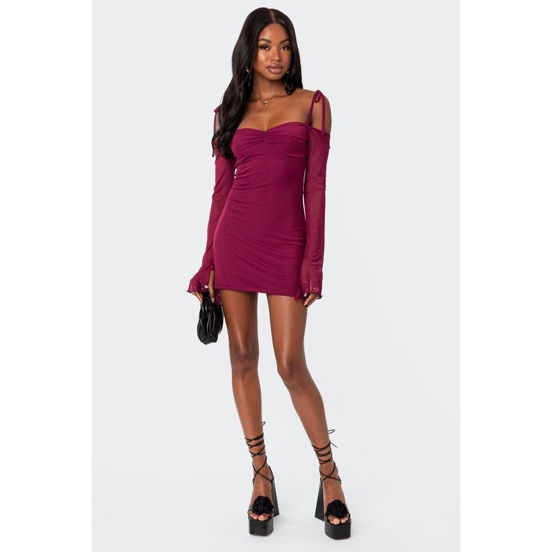 Ariel Off Shoulder Mesh Mini Dress BURGUNDY XS