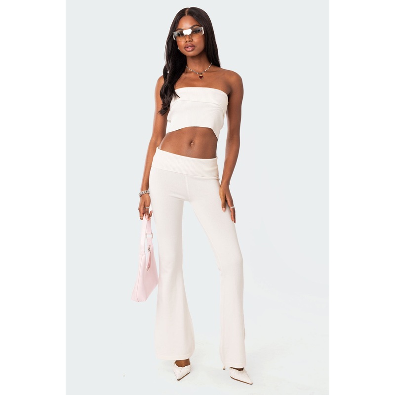 Desiree Knitted Low Rise Fold Over Pants WHITE XS