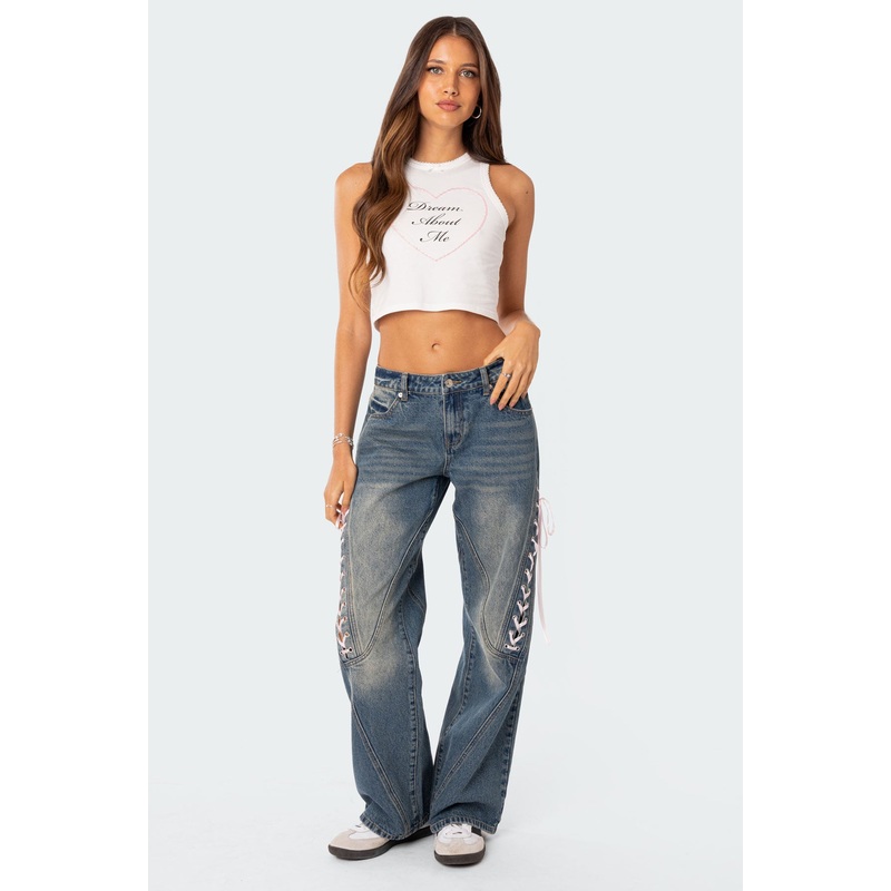 Low Rise Ribbon Lace Up Jeans BLUE XS