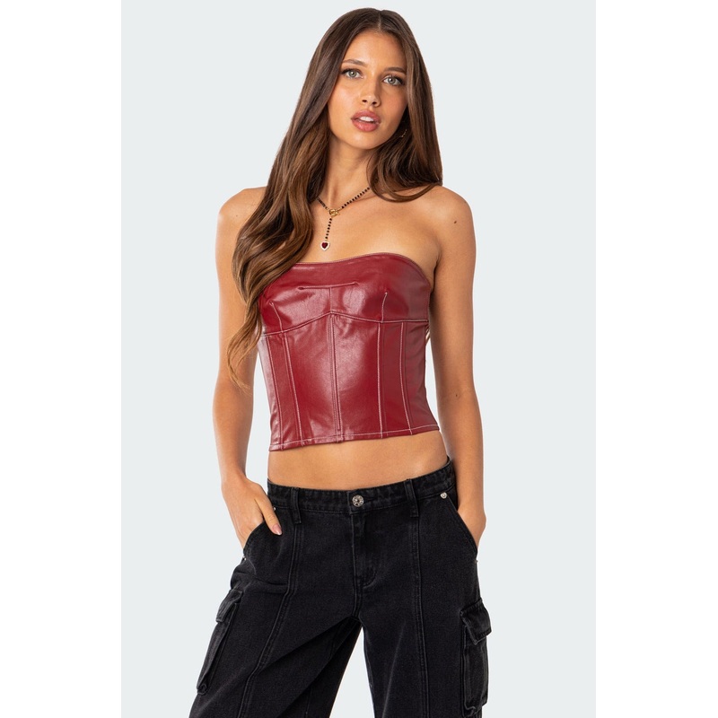 Moss Faux Leather Lace Up Corset BURGUNDY XS