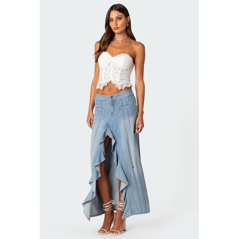 Valencia Ruffle Slitted Denim Maxi Skirt BLUE XS