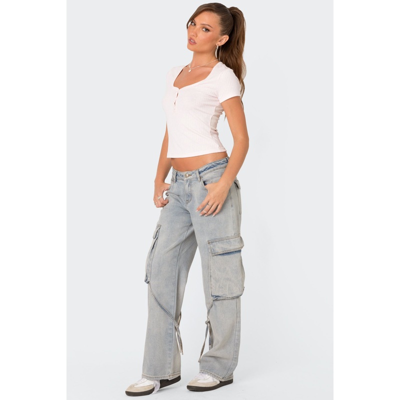 Via Low Rise Washed Denim Cargo Pants BLUE WASHED XS