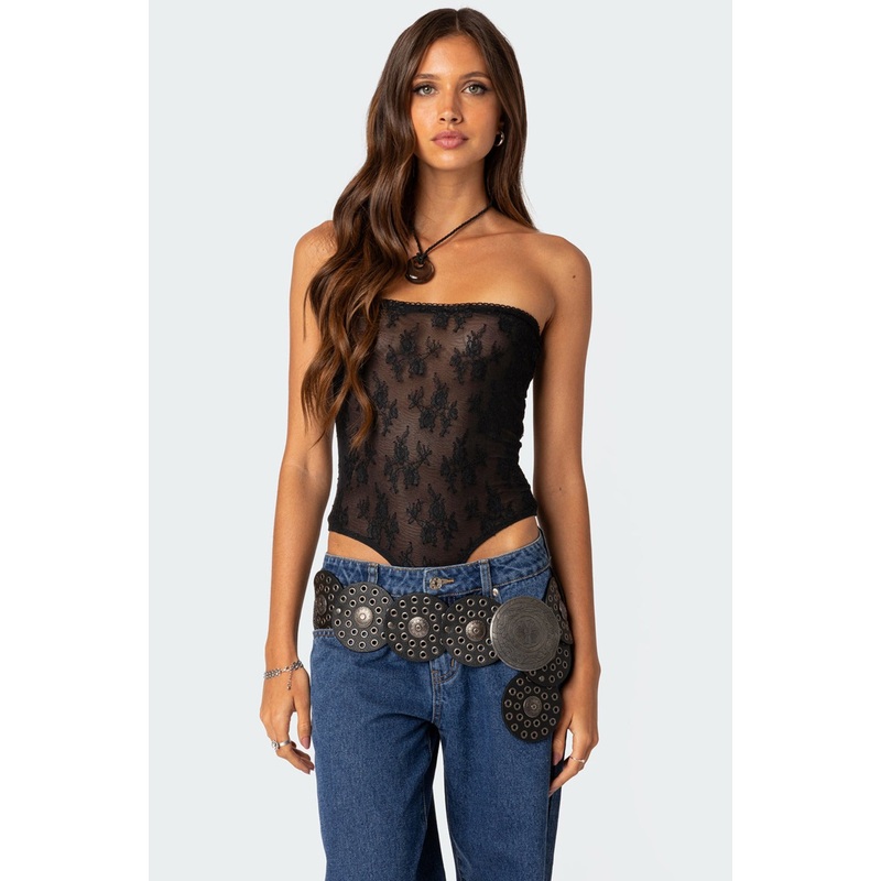 Alina Sheer Lace Bodysuit BLACK XS