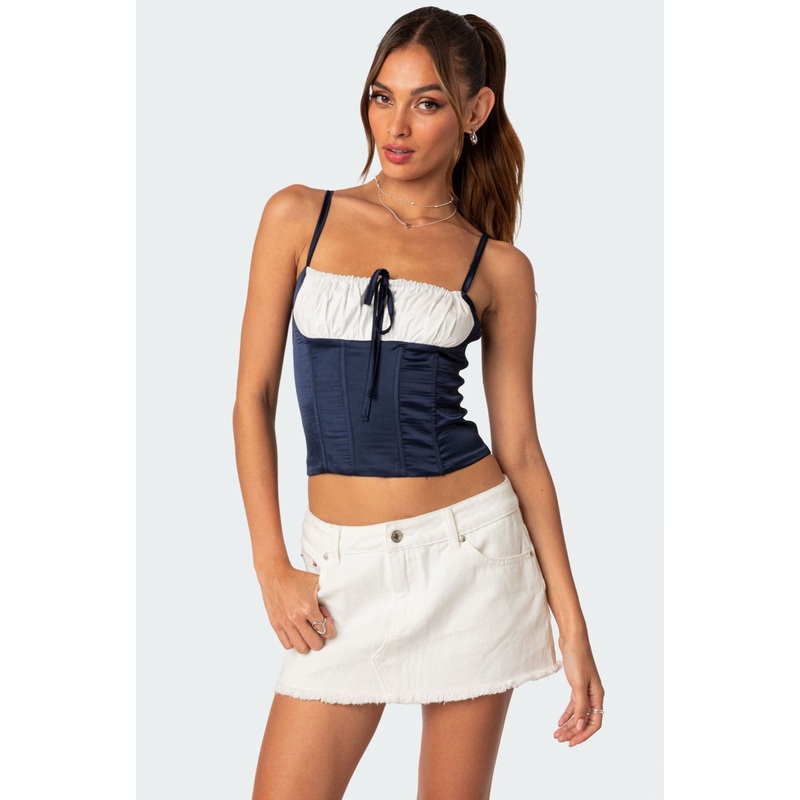 Arabelle Satin Effect Lace Up Corset NAVY XS