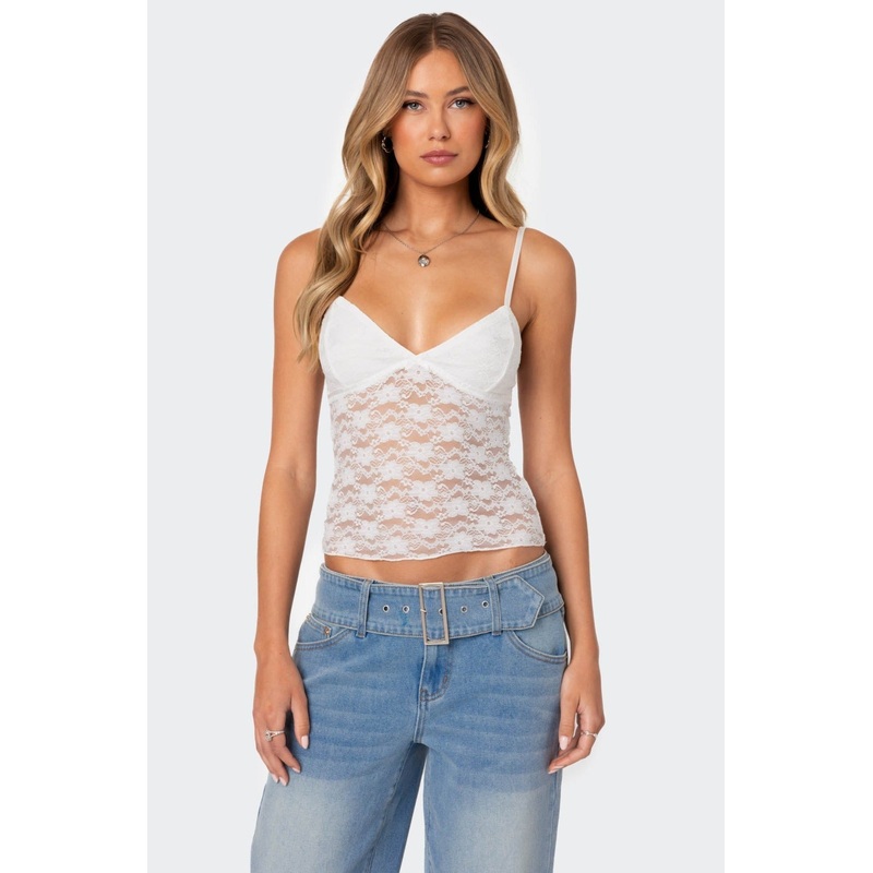 Eira Sheer Lace Tank Top WHITE XS