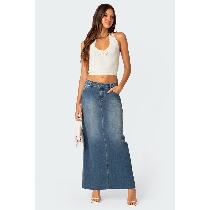 Elowyn Slitted Denim Maxi Skirt BLUE XS