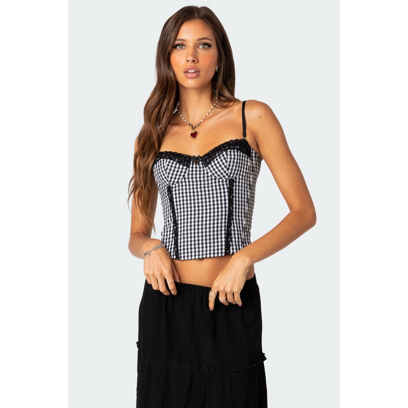 Gingham Lace Up Cupped Corset BLACK AND WHITE XS