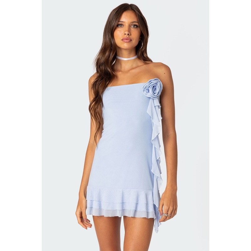Thalia Flower Pin Ruffle Mini Dress LIGHT BLUE XS