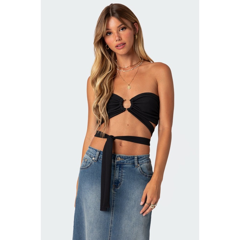 Zia Ribbed Ring Tie Crop Top BLACK XS