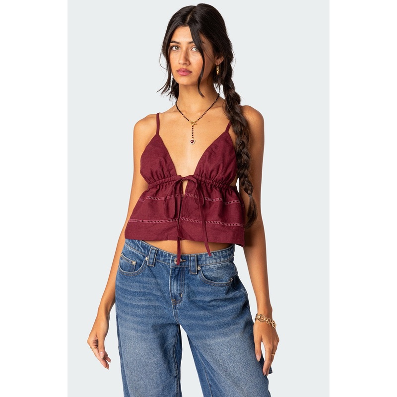 Candy Cotton Tie Front Tank Top BURGUNDY XS