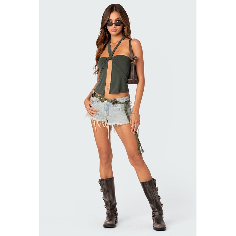 Frayed Vintage Washed Denim Shorts BLUE WASHED XS