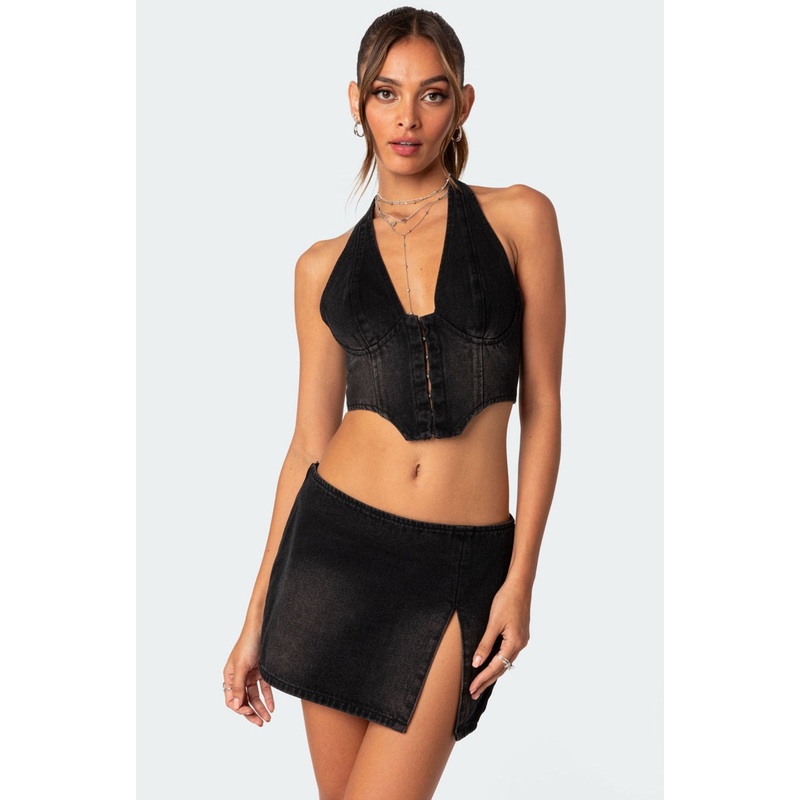 Katrina Lace Up Denim Corset BLACK WASHED XS