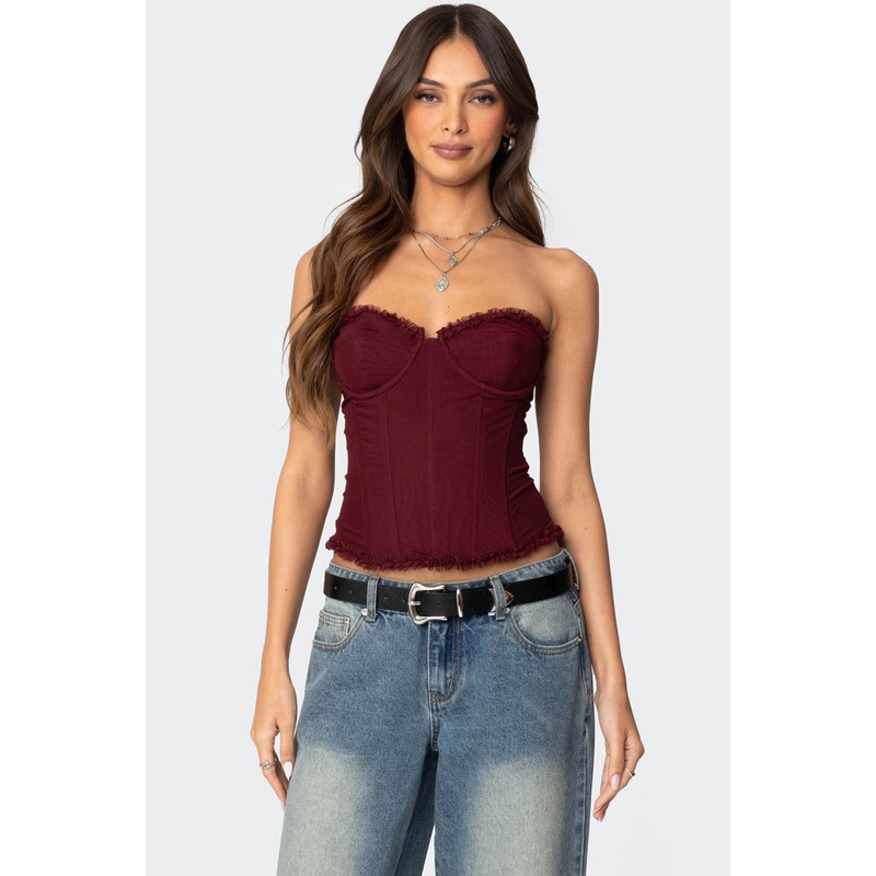 Deirdre Mesh Lace Up Corset BURGUNDY XS