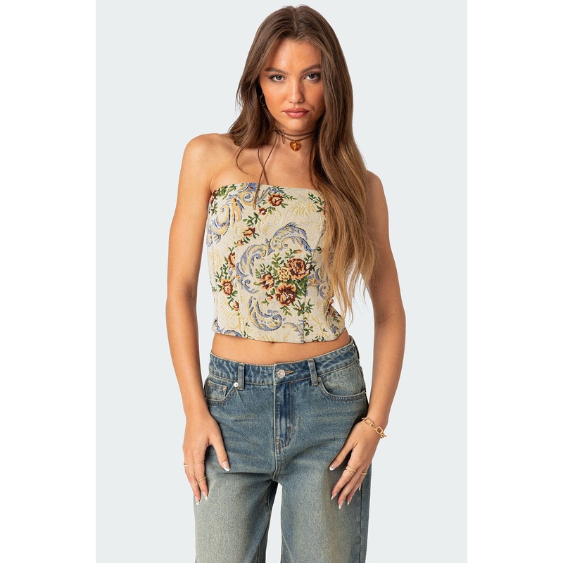 Floral Tapestry Lace Up Corset CREAM XS