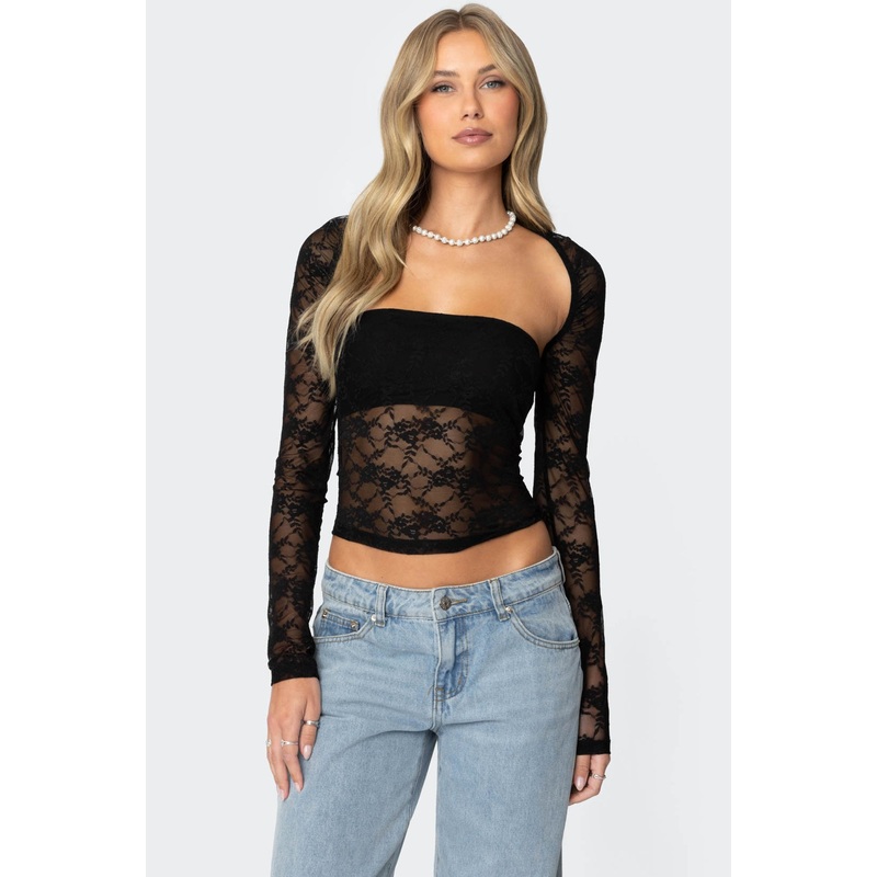 Addison Sheer Lace Two Piece Top BLACK XS