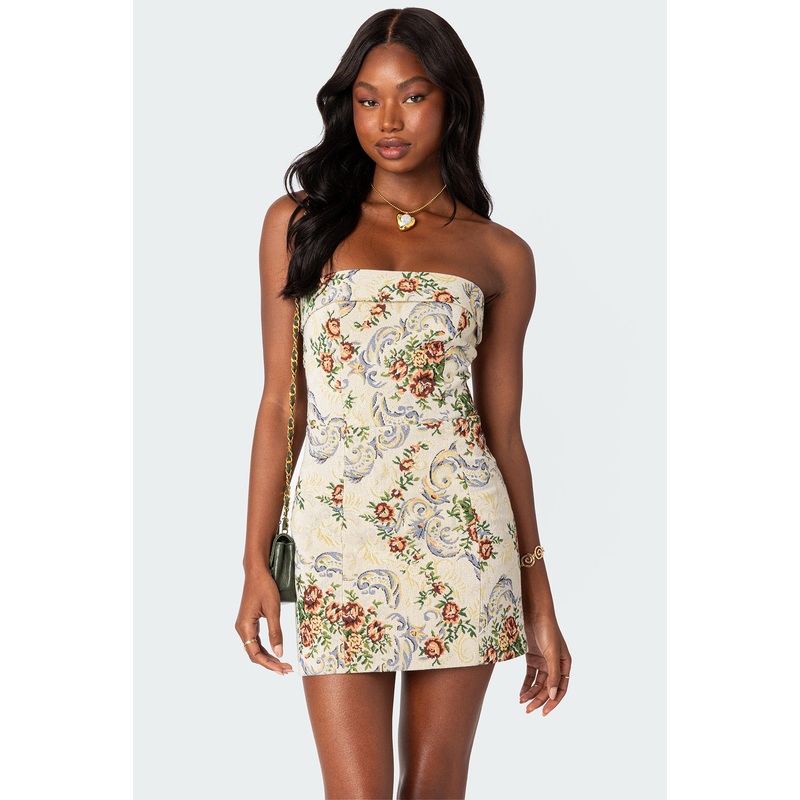 Floral Tapestry Lace Up Mini Dress CREAM XS