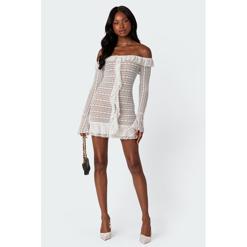 Textured Sheer Lace Mini Dress CREAM XS