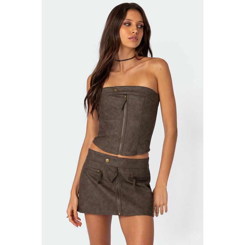 Ziva Faux Leather Lace Up Corset BROWN XS