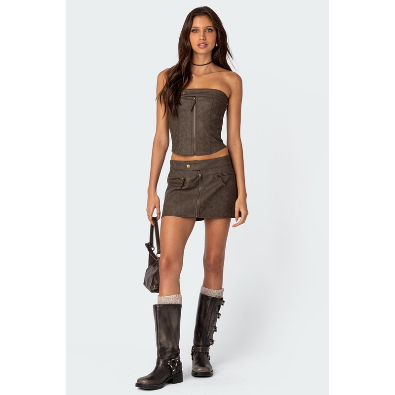 Ziva Faux Leather Mini Skirt BROWN XS