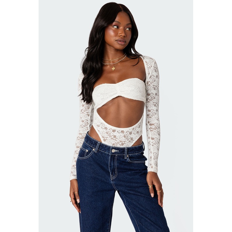 Zoey Sheer Lace Two Piece Bodysuit WHITE XS