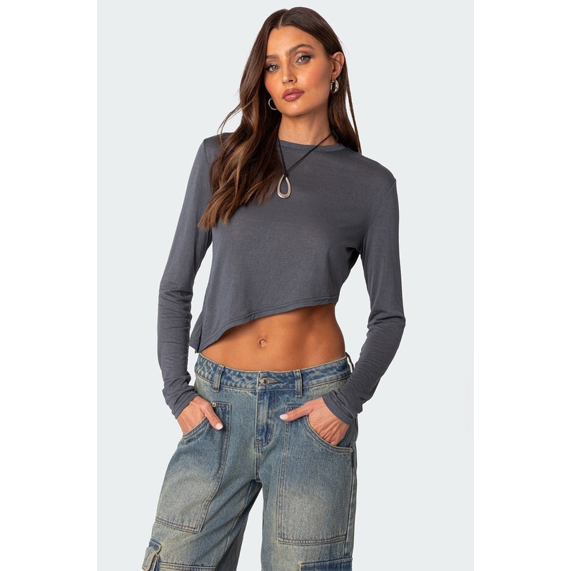 Asymmetric Long Sleeve T Shirt GRAY XS