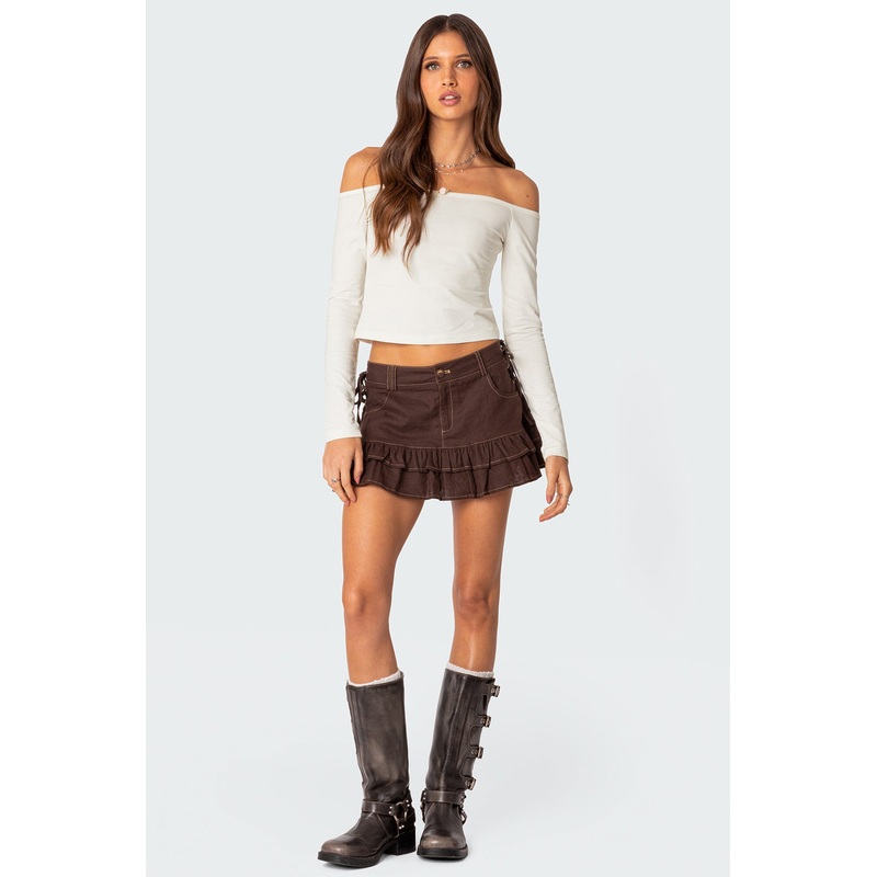 Dev Ruffle Linen Look Mini Skirt BROWN XS